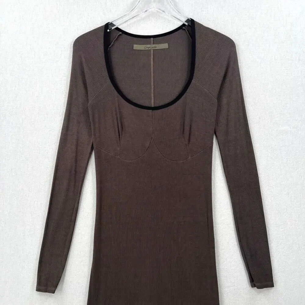 ENZA COSTA Silk Rib Long Sleeve Scoop Dress Women Medium Gray Black Maxi Stretch - Picture 4 of 14